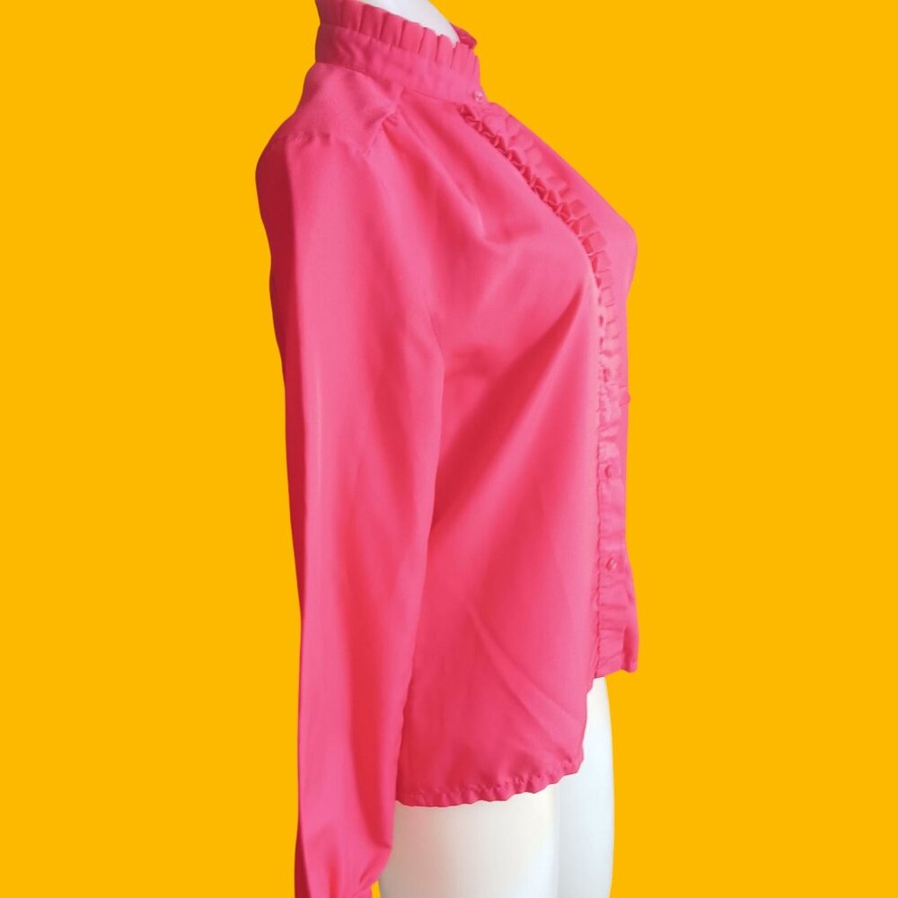 Vintage Small Womens Ruffle Top 1980's Alice Stuart Blouse High Neck Secretary - Picture 4 of 7